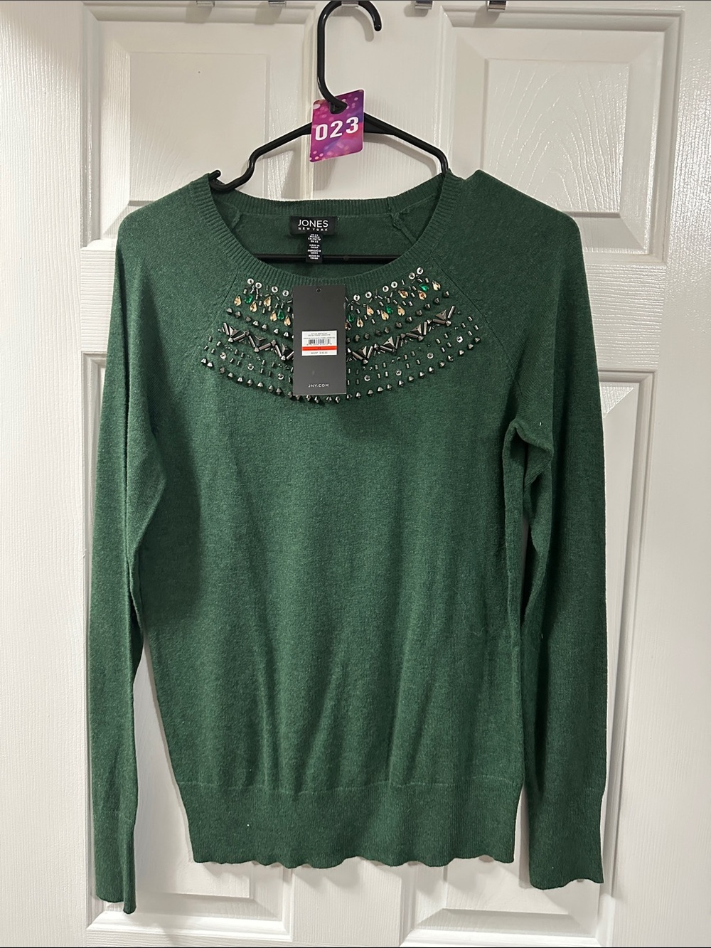 Jones New York Forest Green Embellished Crewneck Sweater